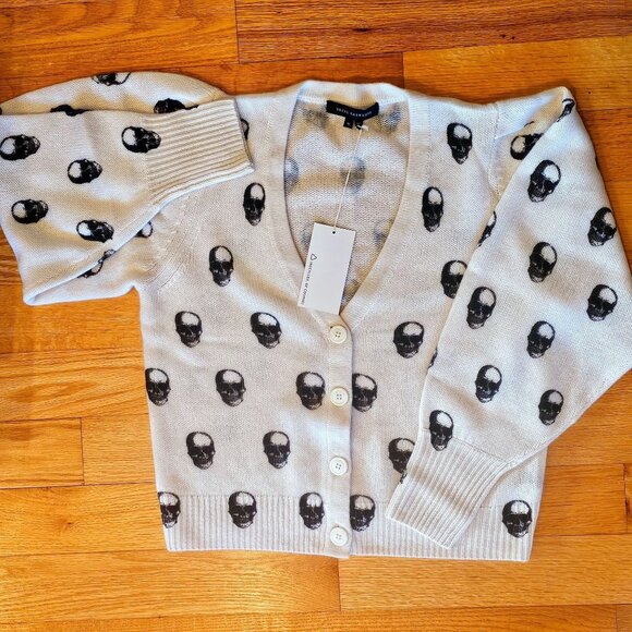 NWT Skull Cashmere Chalk  Charcoal Button Down Cardigan Sweater MEDIUM $480 - Picture 1 of 6